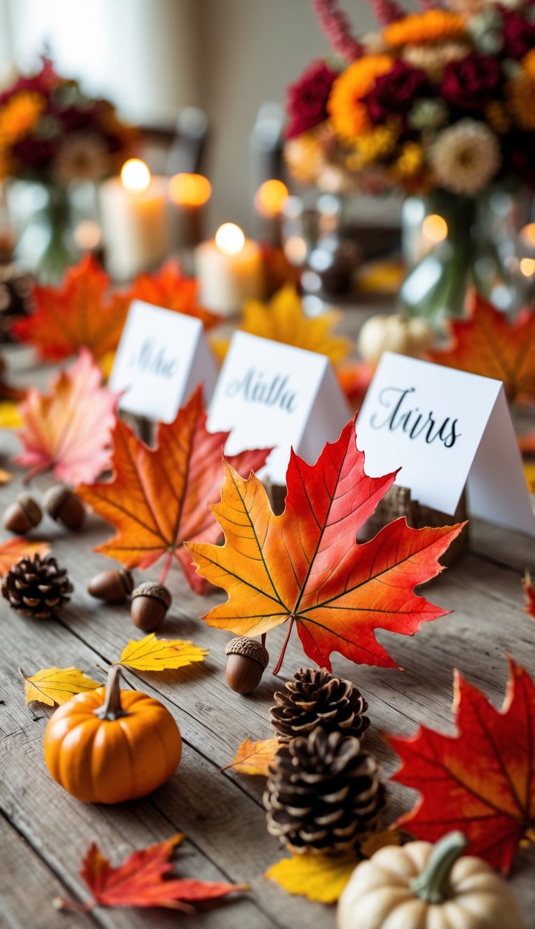 Maple leaf-shaped place cards on a wooden table surrounded by autumn decorations at a fall wedding.